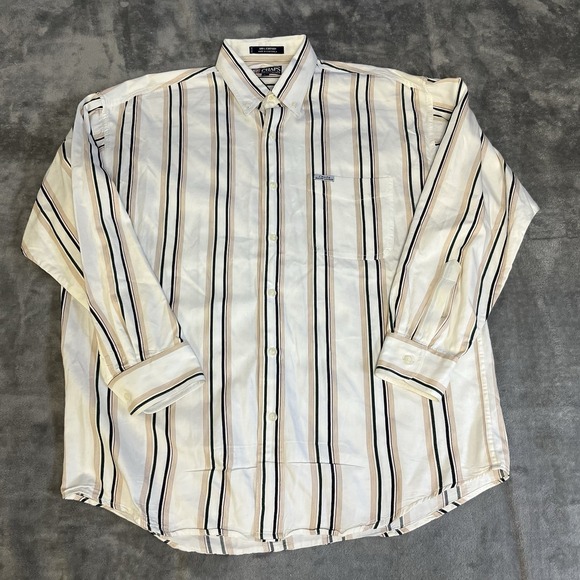 Chaps Other - Chaps Ralph Lauren Mens Large White Black Brown Striped Cotton Button Down Shirt